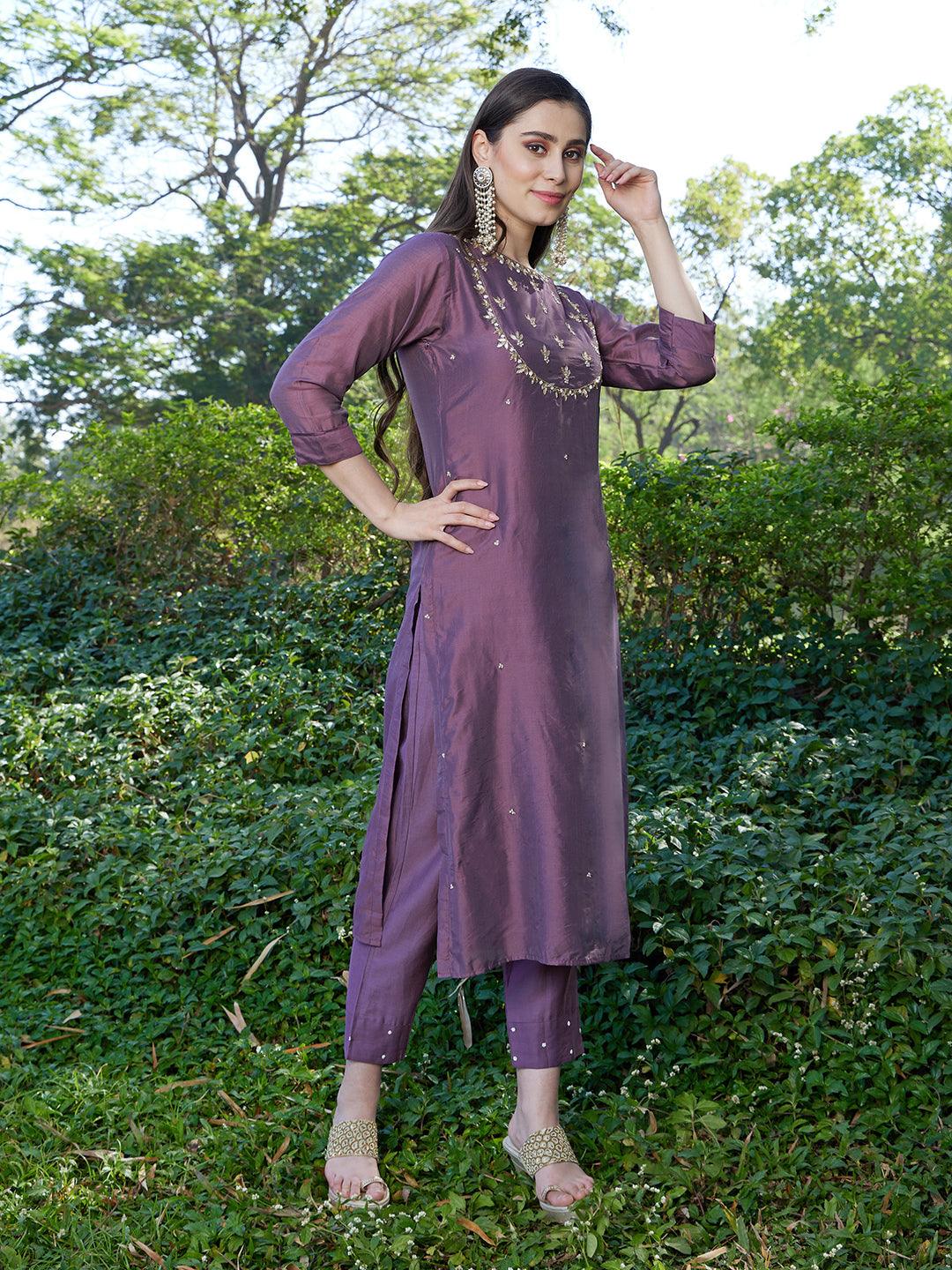 Hand Embroidered Straight Fit Kurta & Pants - Dusty Purple - Indiakreations