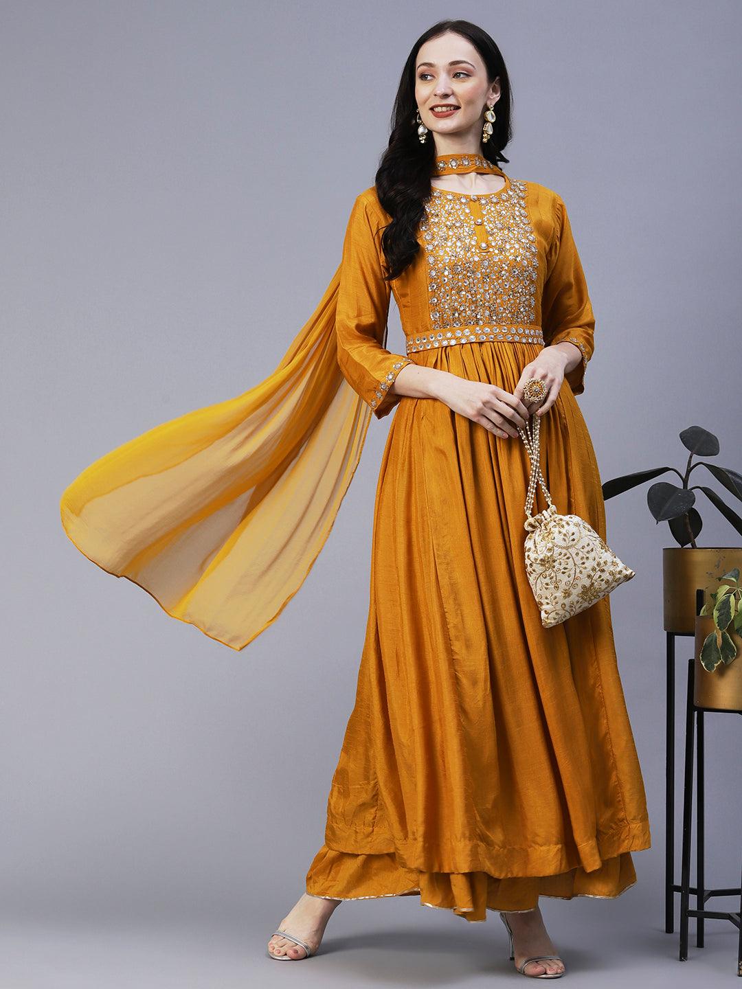 Solid Sequins & Stones Embroidered Gown with Belt & Pre-Stitched Stylized Dupatta - Mustard - Indiakreations