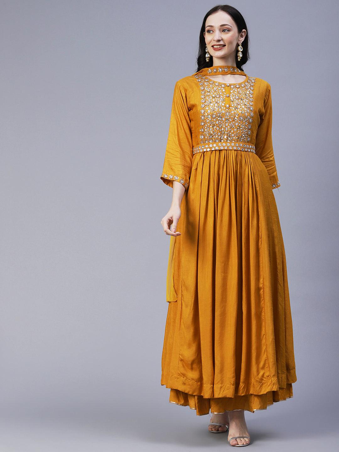 Solid Sequins & Stones Embroidered Gown with Belt & Pre-Stitched Stylized Dupatta - Mustard - Indiakreations