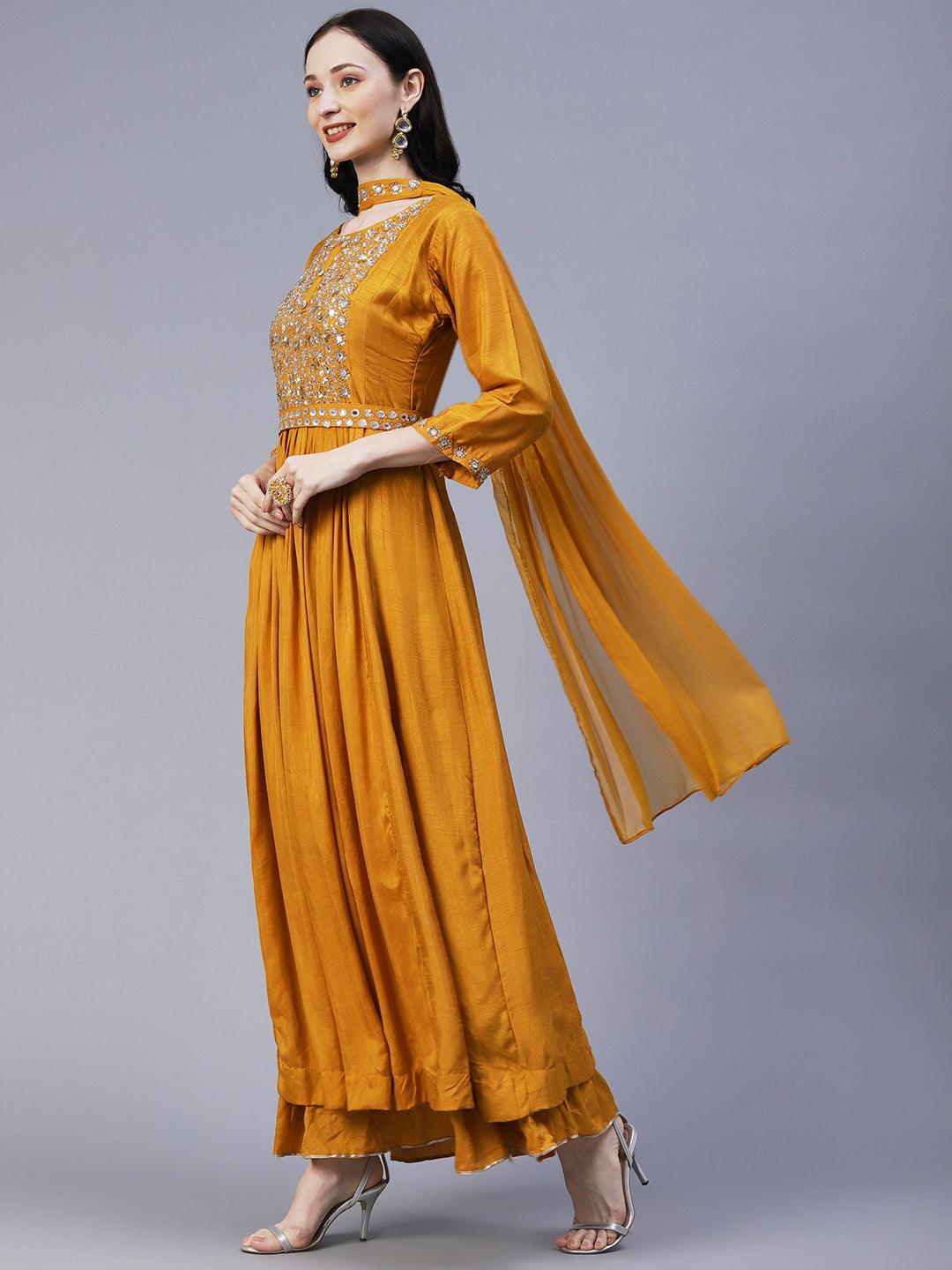 Solid Sequins & Stones Embroidered Gown with Belt & Pre-Stitched Stylized Dupatta - Mustard - Indiakreations