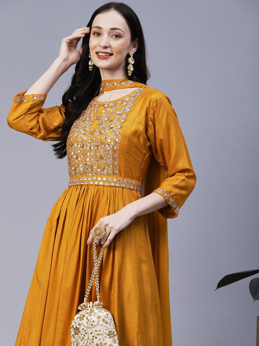 Solid Sequins & Stones Embroidered Gown with Belt & Pre-Stitched Stylized Dupatta - Mustard - Indiakreations