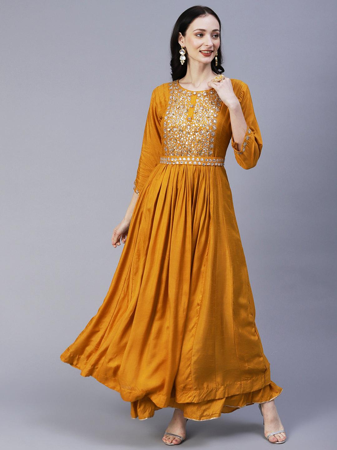 Solid Sequins & Stones Embroidered Gown with Belt & Pre-Stitched Stylized Dupatta - Mustard - Indiakreations