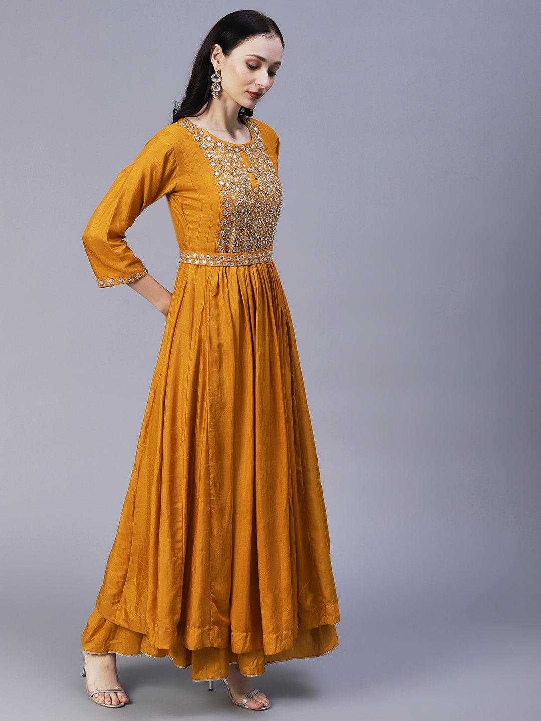 Solid Sequins & Stones Embroidered Gown with Belt & Pre-Stitched Stylized Dupatta - Mustard - Indiakreations