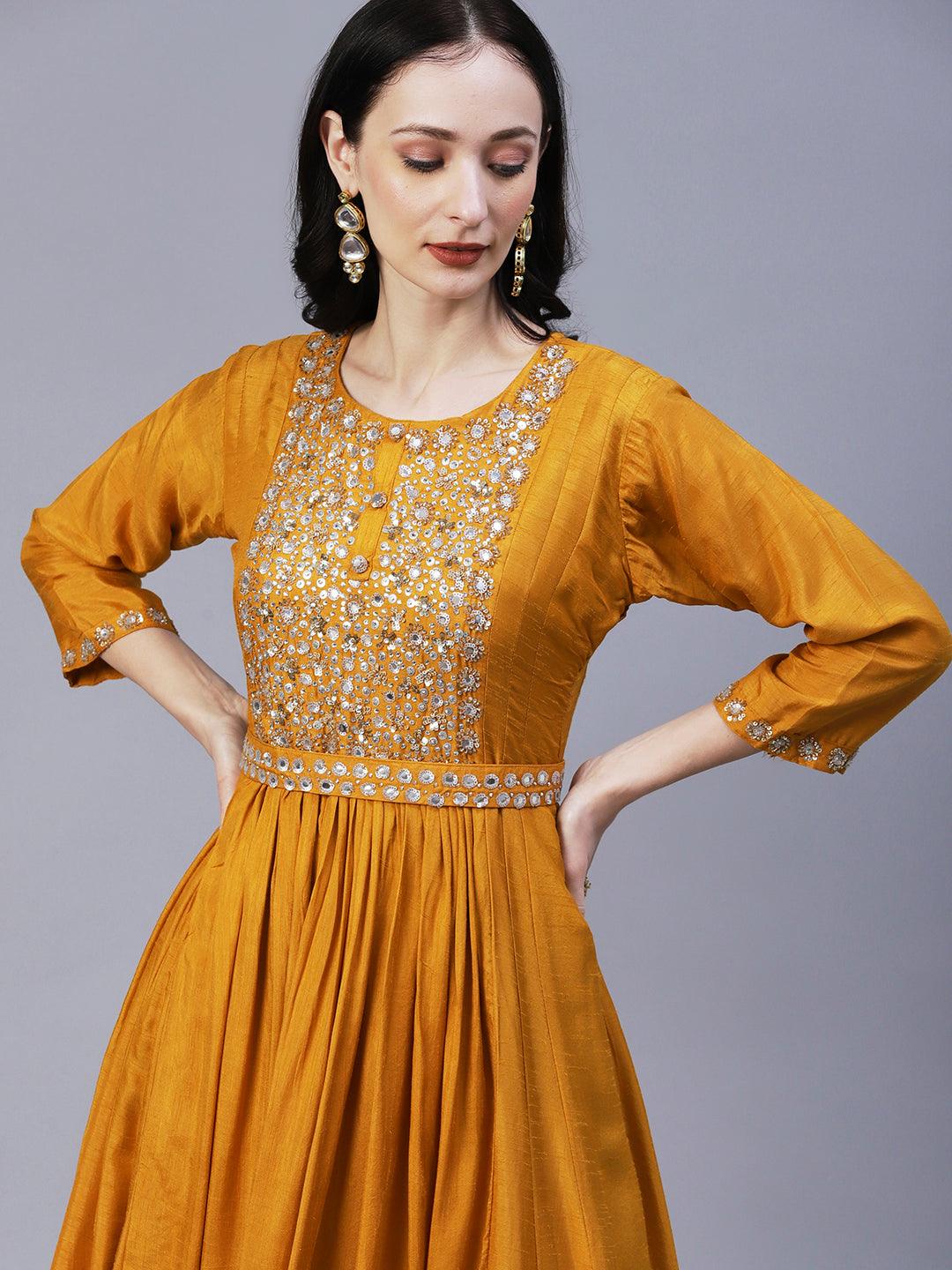 Solid Sequins & Stones Embroidered Gown with Belt & Pre-Stitched Stylized Dupatta - Mustard - Indiakreations