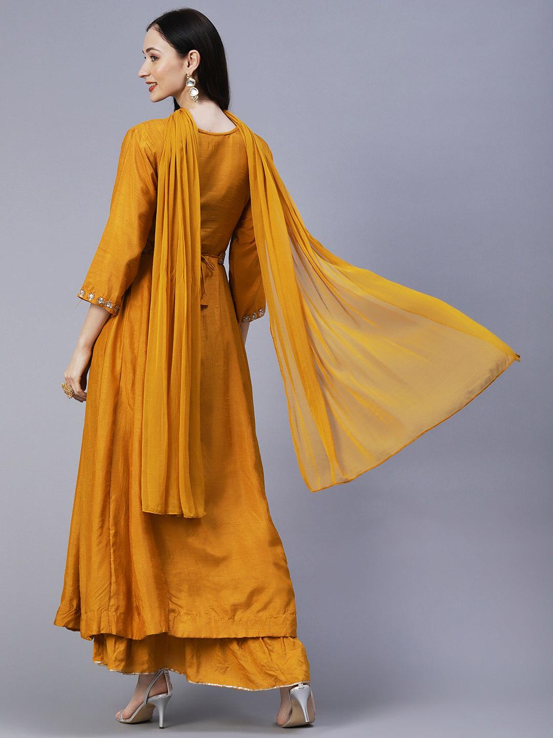 Solid Sequins & Stones Embroidered Gown with Belt & Pre-Stitched Stylized Dupatta - Mustard - Indiakreations