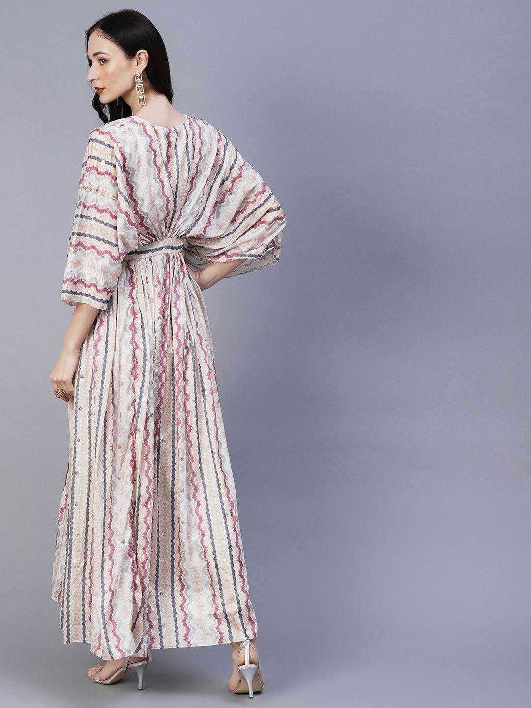 Abstract Printed Cutdana & Sequins Embroidered Draped Yoke Gown - Off-White - Indiakreations