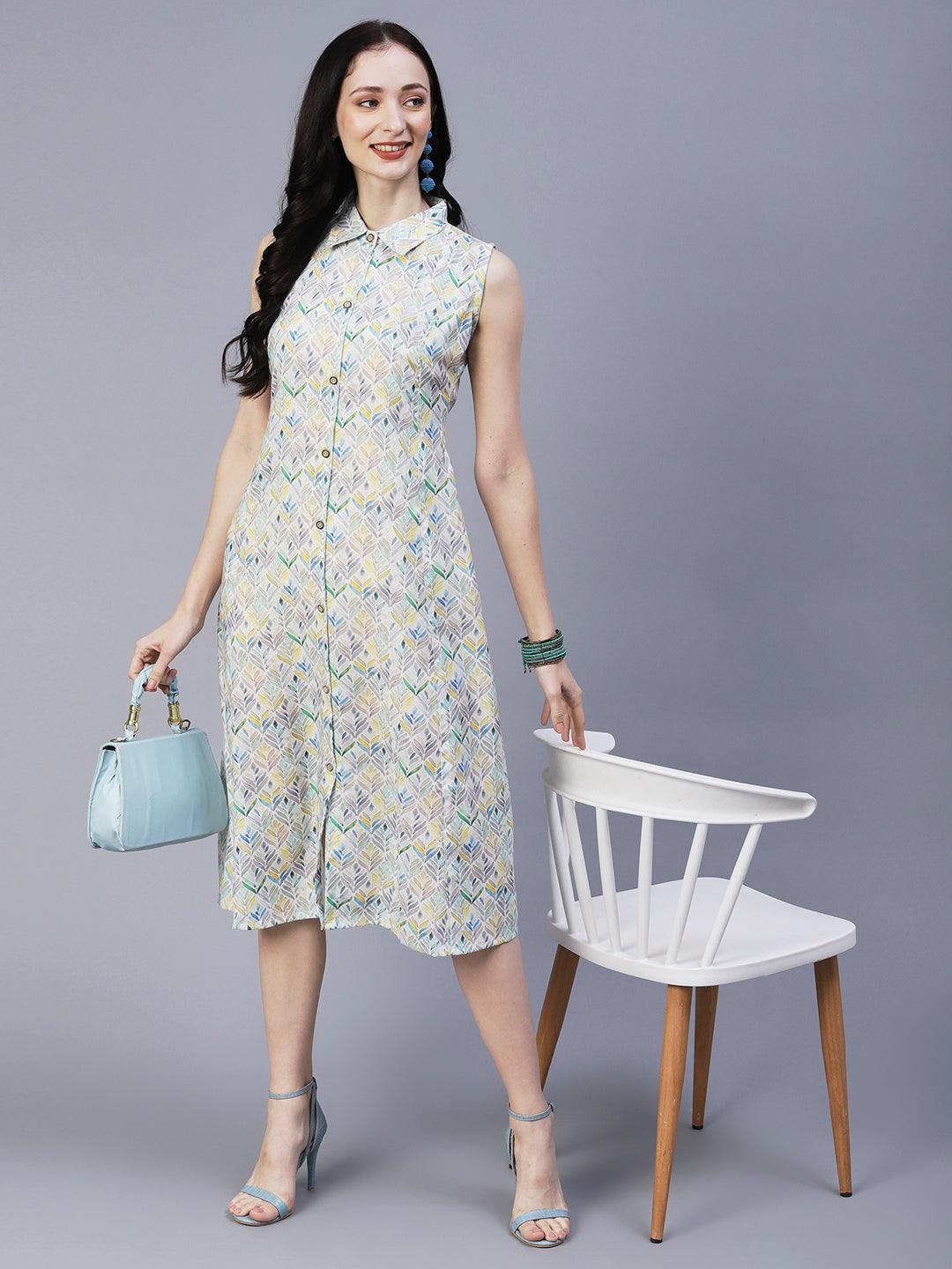 Abstract Printed Paneled A-line Midi Dress With Matching Belt - Multi - Indiakreations