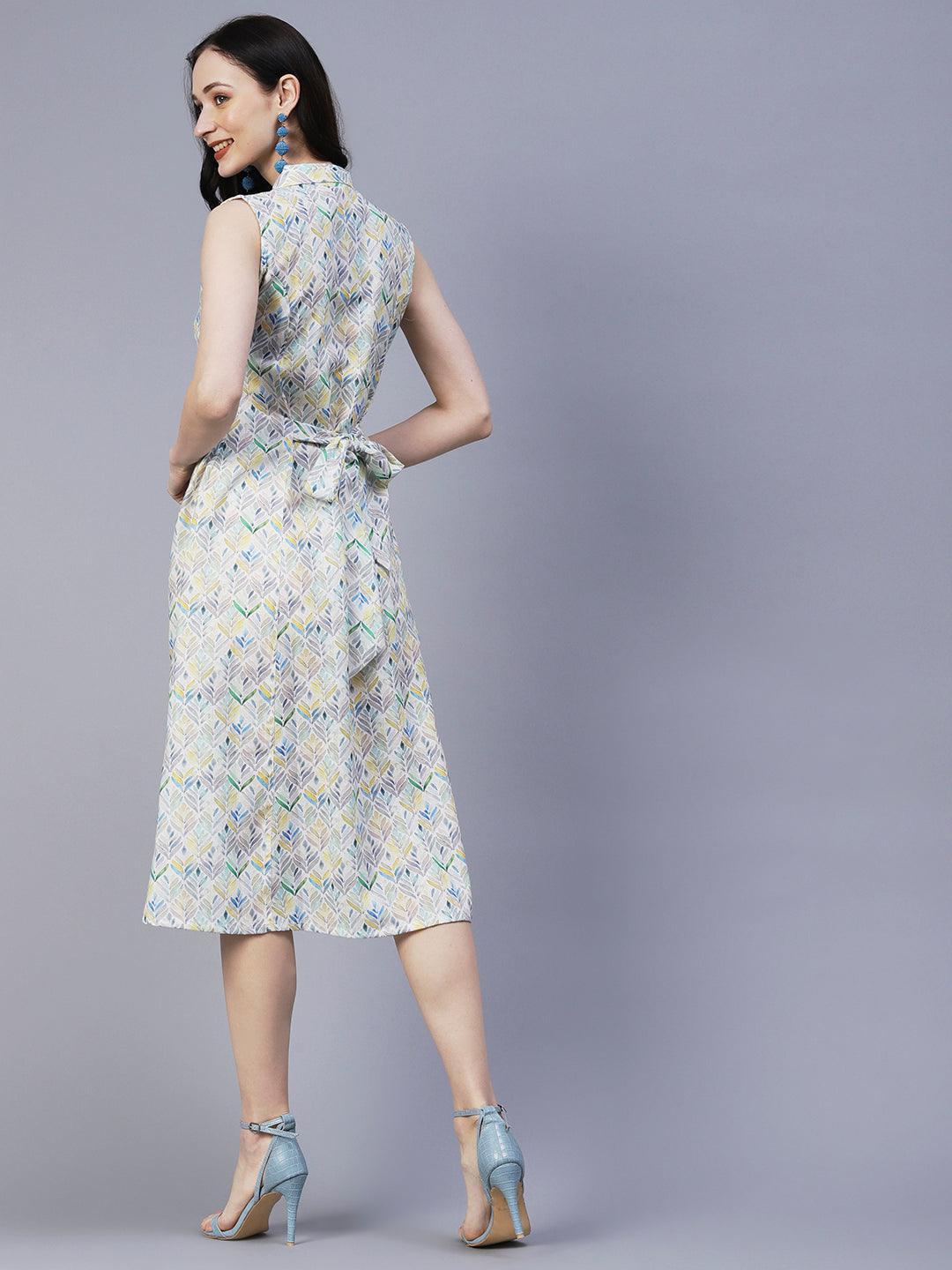 Abstract Printed Paneled A-line Midi Dress With Matching Belt - Multi - Indiakreations