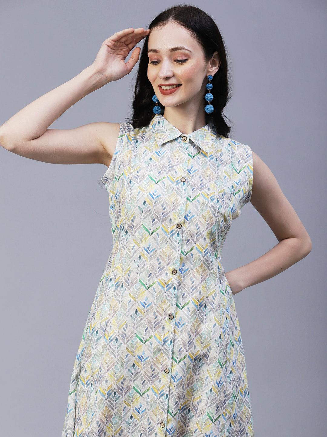 Abstract Printed Paneled A-line Midi Dress With Matching Belt - Multi - Indiakreations