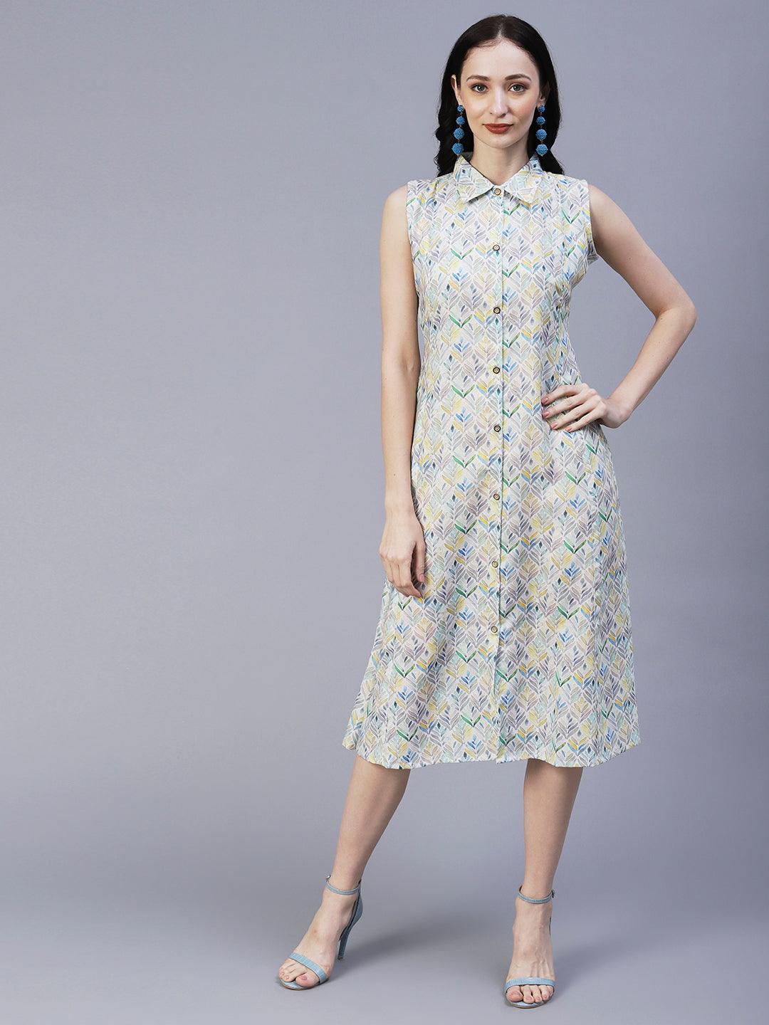 Abstract Printed Paneled A-line Midi Dress With Matching Belt - Multi - Indiakreations