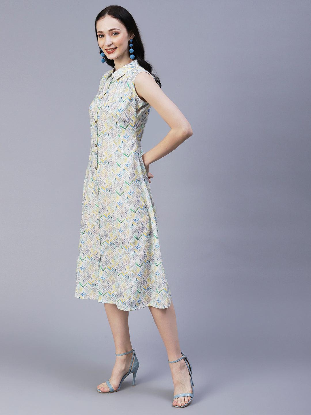 Abstract Printed Paneled A-line Midi Dress With Matching Belt - Multi - Indiakreations