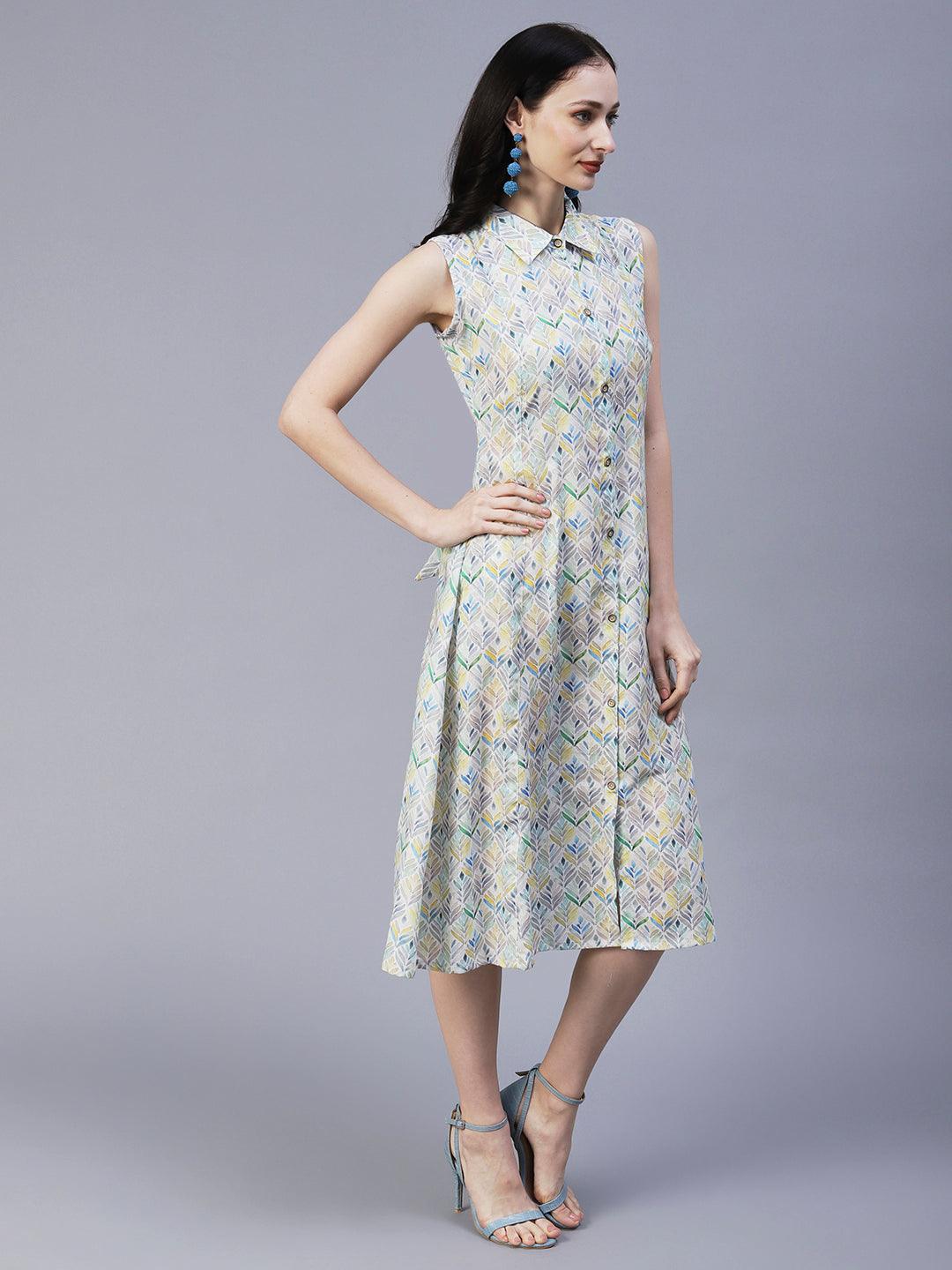 Abstract Printed Paneled A-line Midi Dress With Matching Belt - Multi - Indiakreations