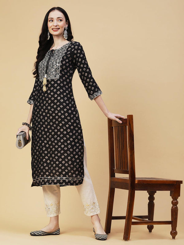 Bandhani Printed & Embroidered Straight Fit Kurta - Black - Indiakreations