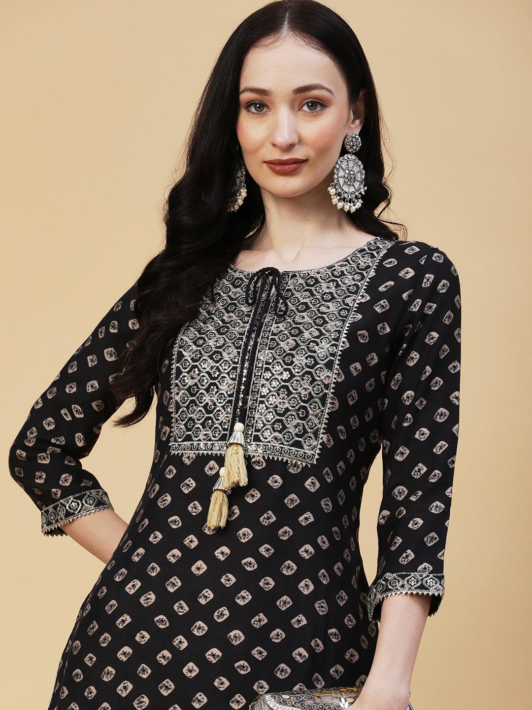 Bandhani Printed & Embroidered Straight Fit Kurta - Black - Indiakreations