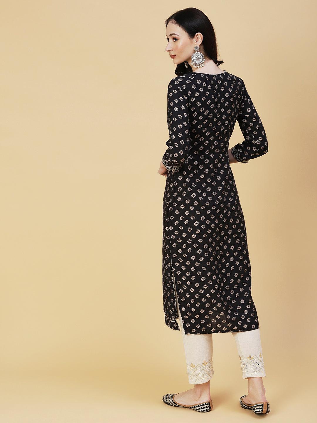 Bandhani Printed & Embroidered Straight Fit Kurta - Black - Indiakreations