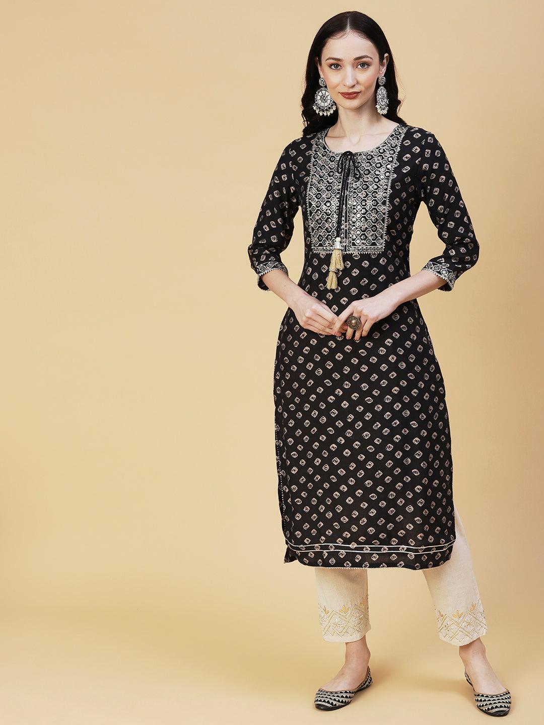 Bandhani Printed & Embroidered Straight Fit Kurta - Black - Indiakreations