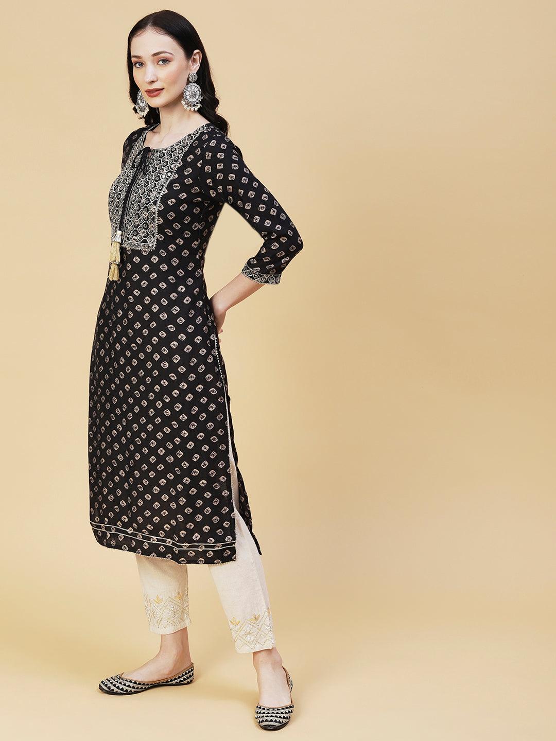 Bandhani Printed & Embroidered Straight Fit Kurta - Black - Indiakreations