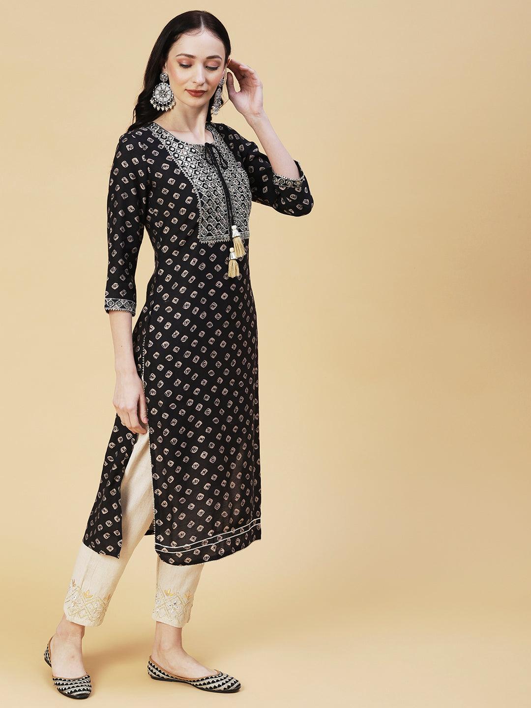 Bandhani Printed & Embroidered Straight Fit Kurta - Black - Indiakreations