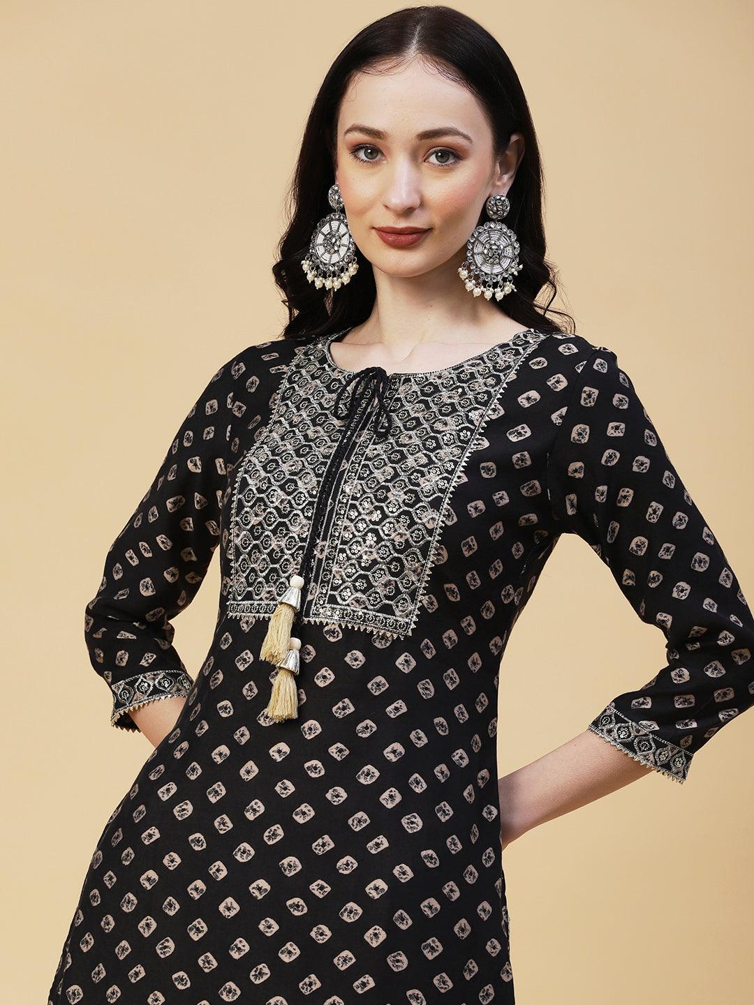 Bandhani Printed & Embroidered Straight Fit Kurta - Black - Indiakreations