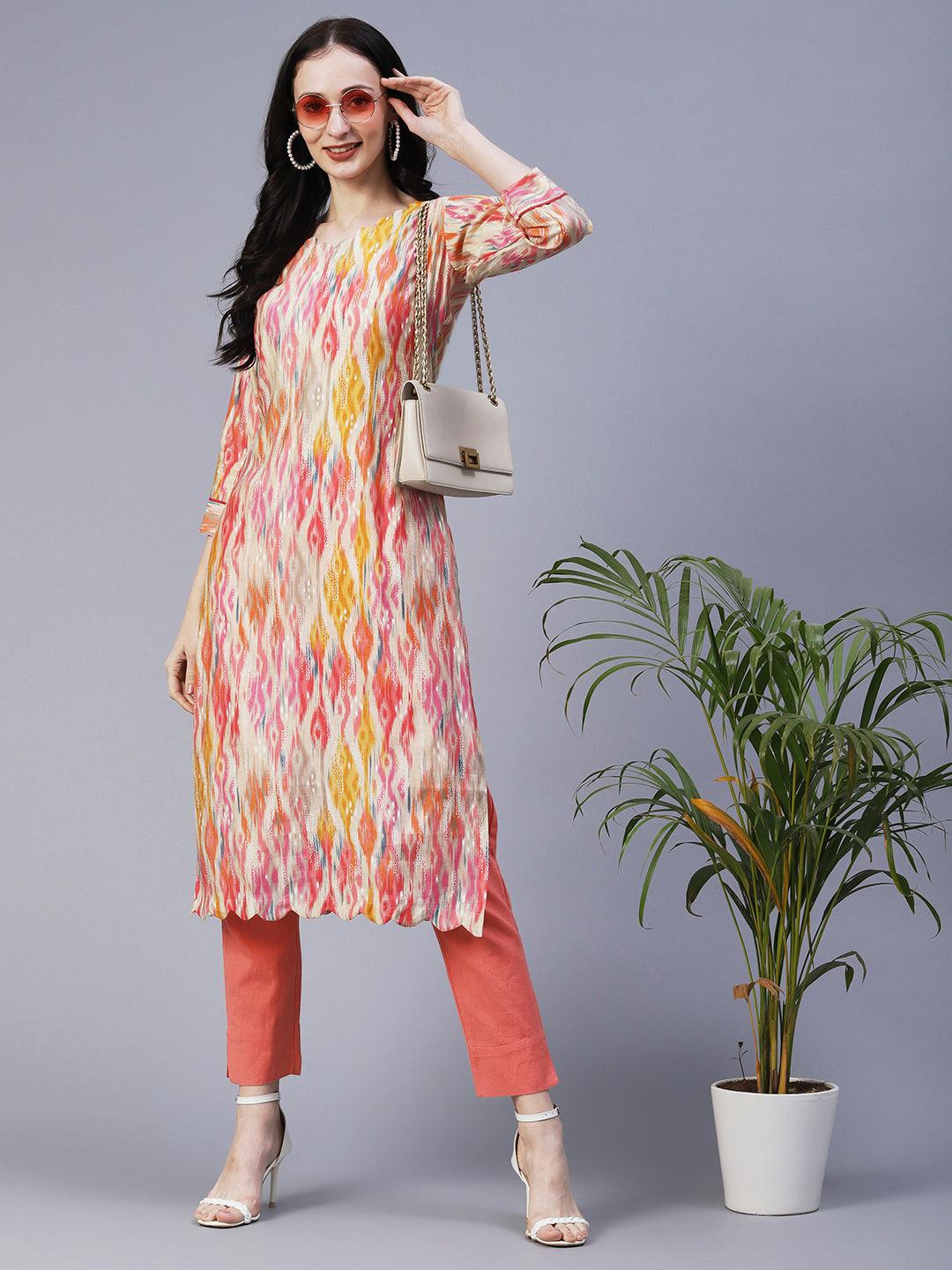 Abstract Ikkat Printed & Foil Printed Scallop Hem Kurta - Multi - Indiakreations