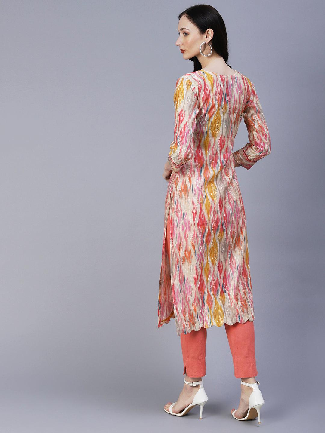 Abstract Ikkat Printed & Foil Printed Scallop Hem Kurta - Multi - Indiakreations