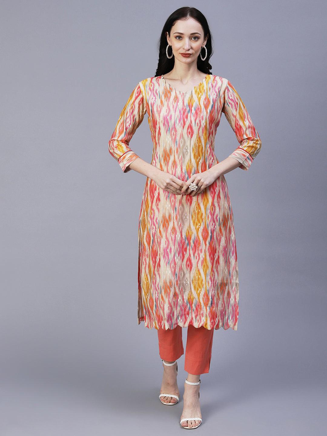 Abstract Ikkat Printed & Foil Printed Scallop Hem Kurta - Multi - Indiakreations