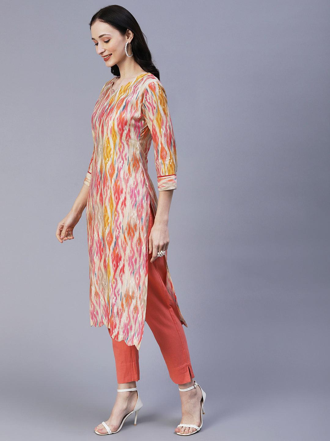 Abstract Ikkat Printed & Foil Printed Scallop Hem Kurta - Multi - Indiakreations