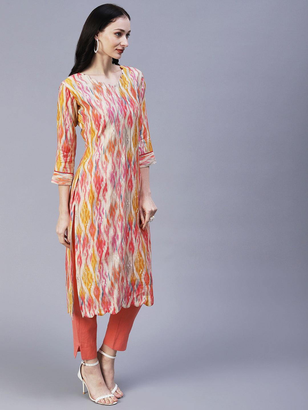 Abstract Ikkat Printed & Foil Printed Scallop Hem Kurta - Multi - Indiakreations