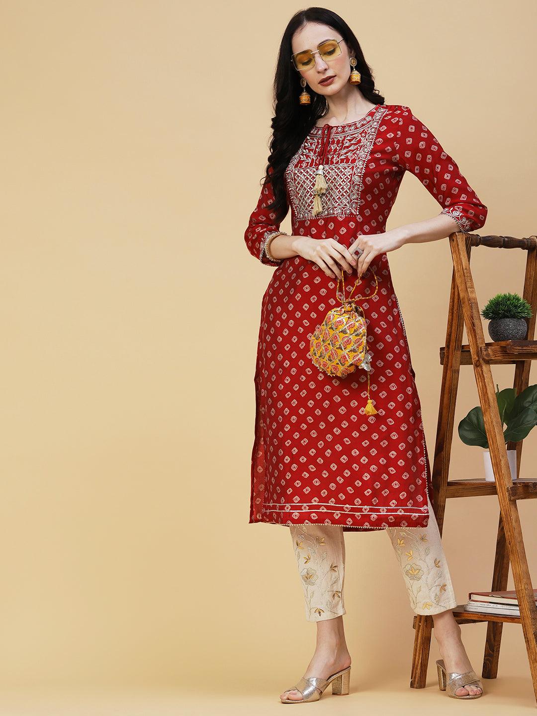 Bandhani Printed & Embroidered Straight Fit Kurta - Red - Indiakreations