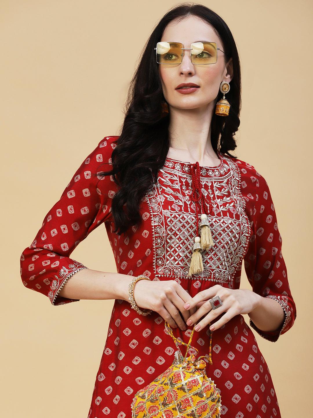 Bandhani Printed & Embroidered Straight Fit Kurta - Red - Indiakreations