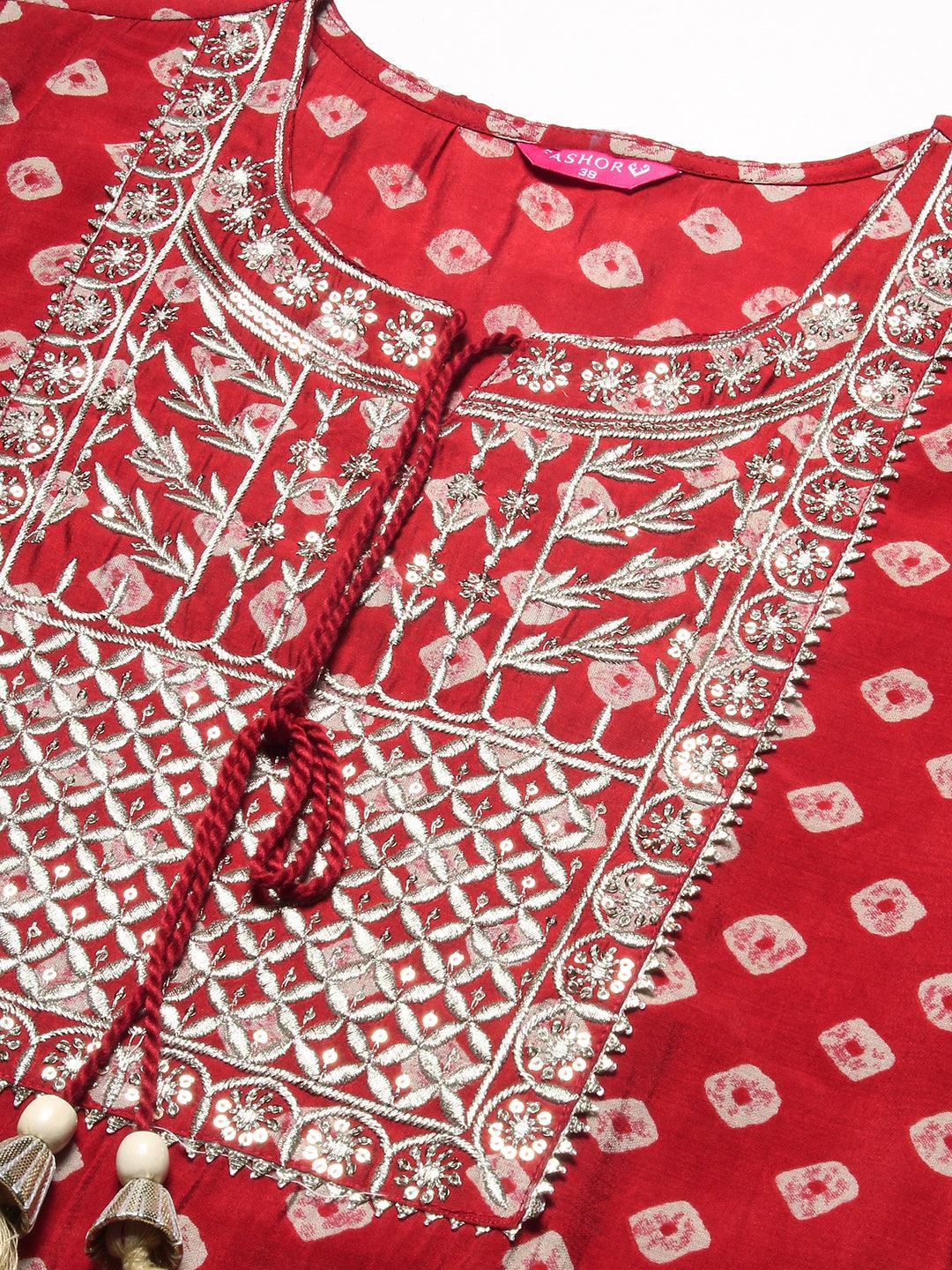 Bandhani Printed & Embroidered Straight Fit Kurta - Red - Indiakreations