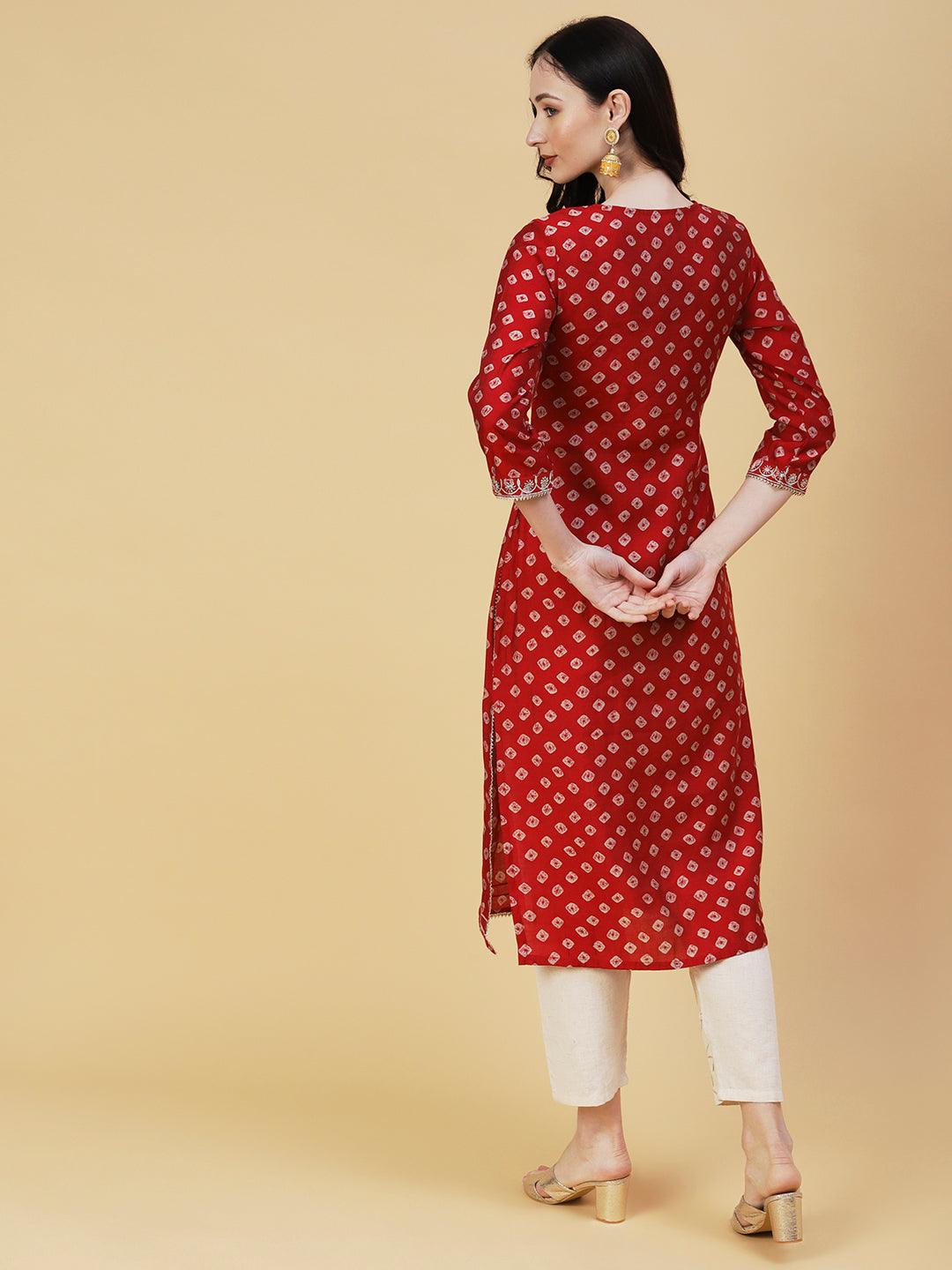 Bandhani Printed & Embroidered Straight Fit Kurta - Red - Indiakreations