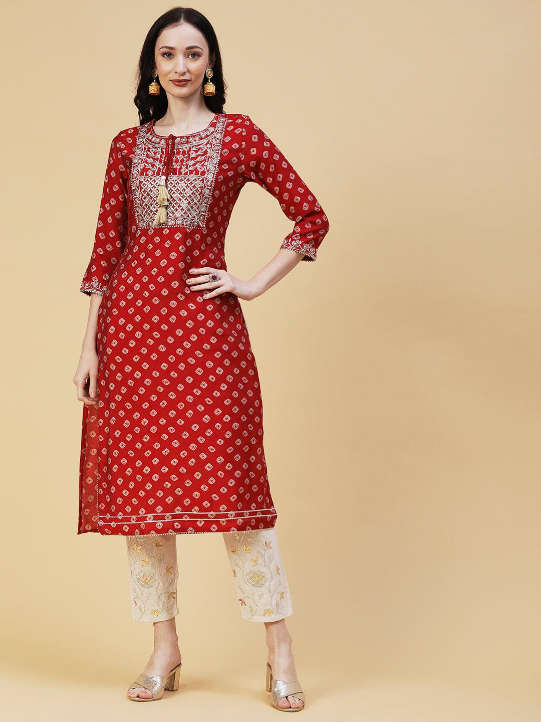 Bandhani Printed & Embroidered Straight Fit Kurta - Red - Indiakreations