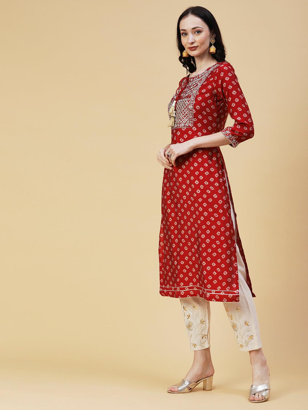 Bandhani Printed & Embroidered Straight Fit Kurta - Red - Indiakreations