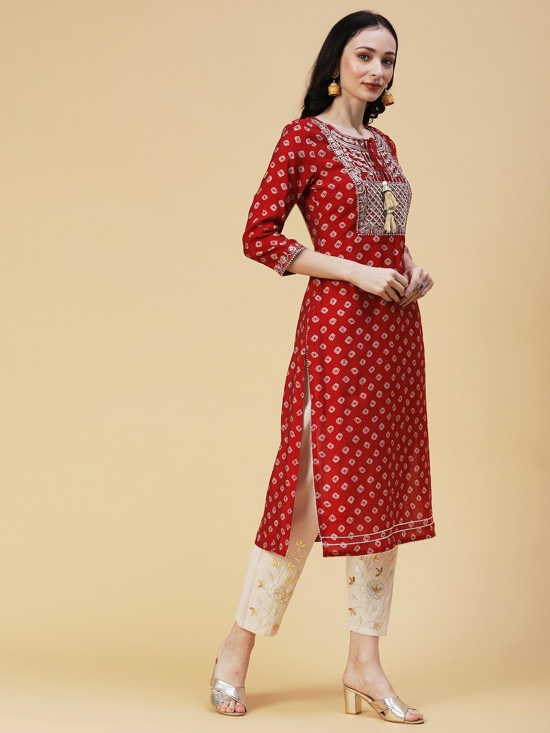 Bandhani Printed & Embroidered Straight Fit Kurta - Red - Indiakreations