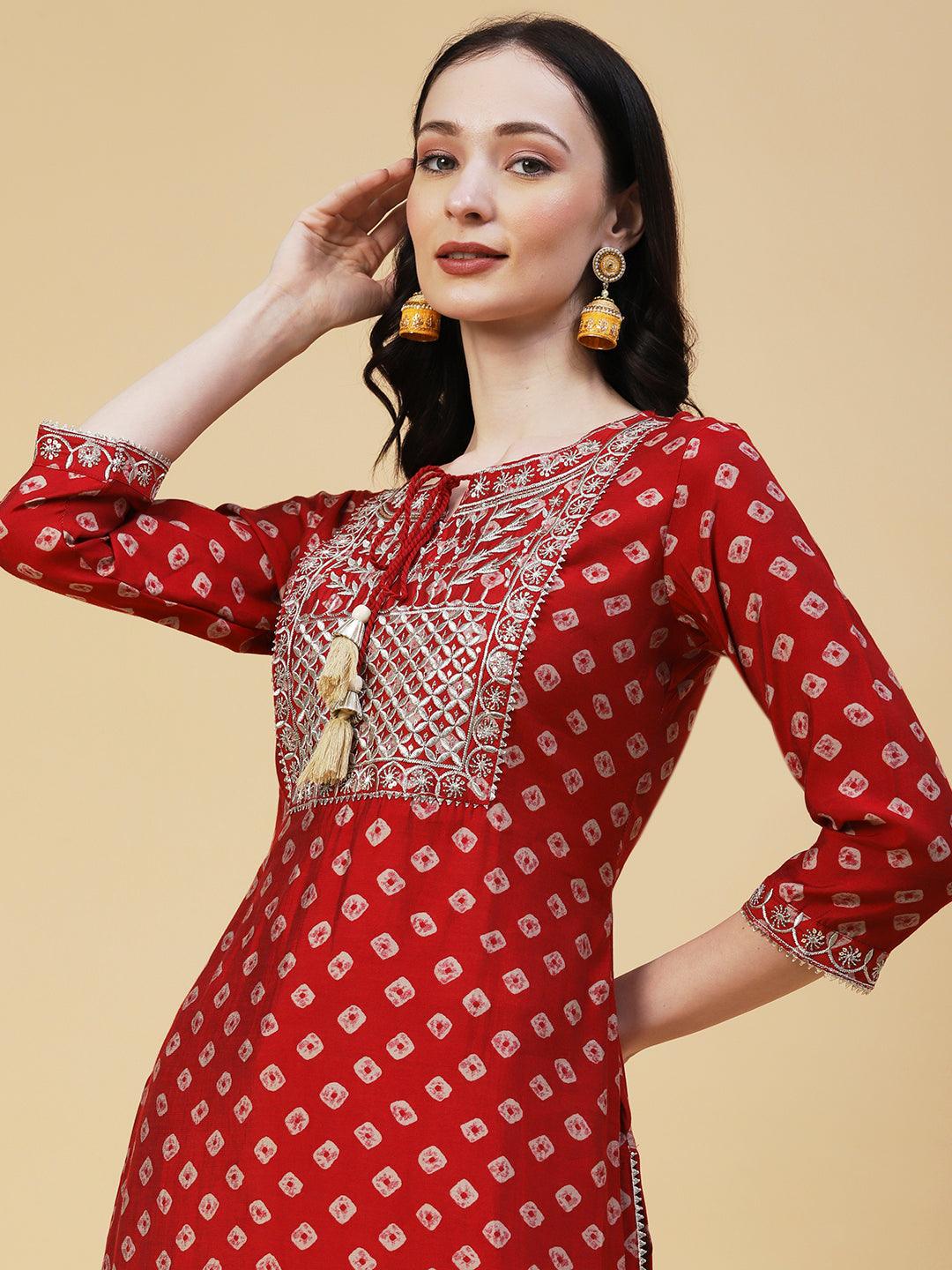 Bandhani Printed & Embroidered Straight Fit Kurta - Red - Indiakreations