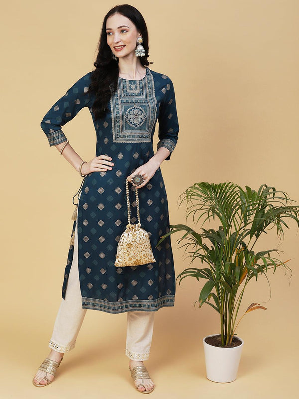 Barfi Printed Resham & Sequins Embroidered Tasseled Kurta - Dark Green - Indiakreations