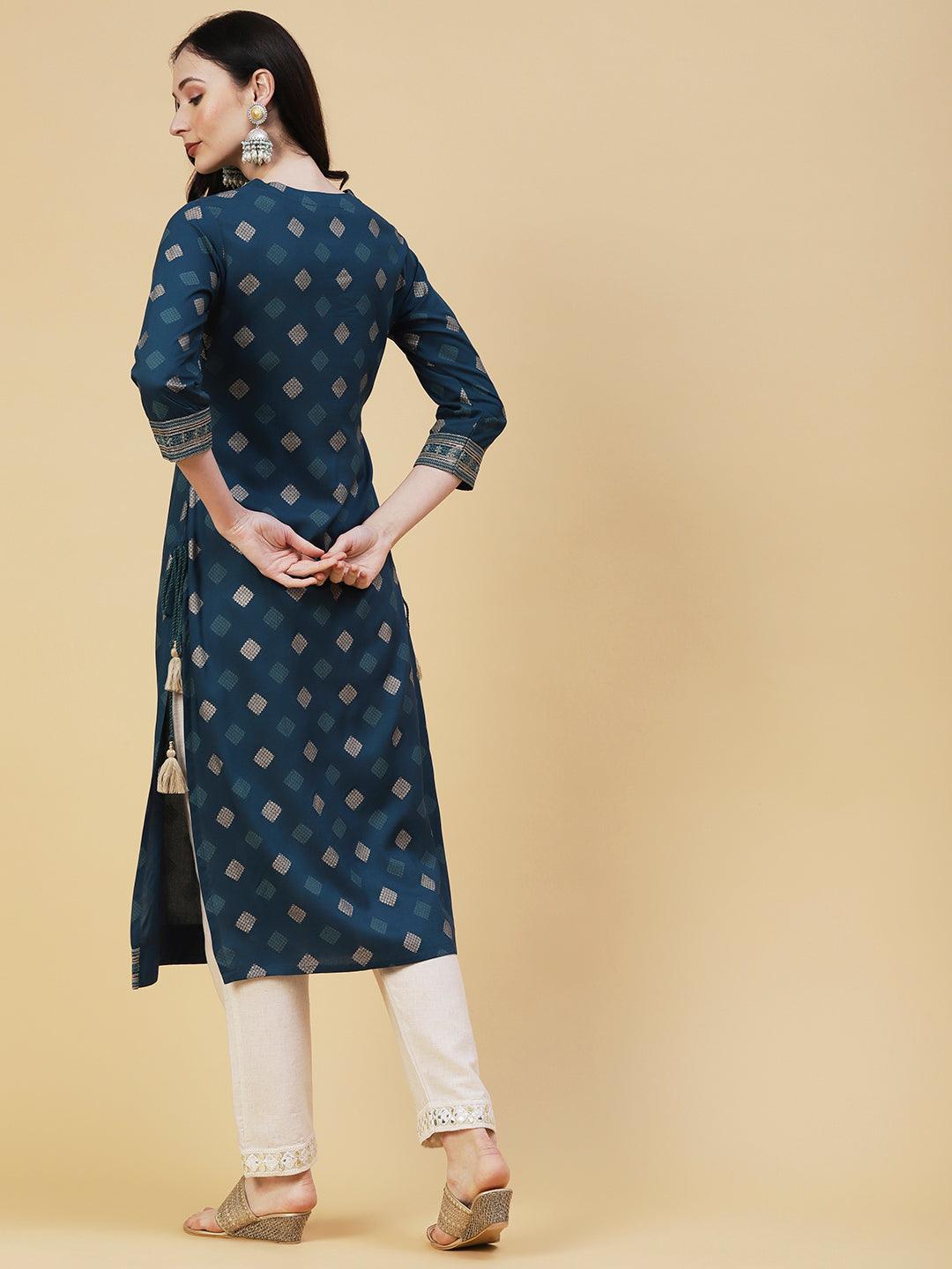 Barfi Printed Resham & Sequins Embroidered Tasseled Kurta - Dark Green - Indiakreations