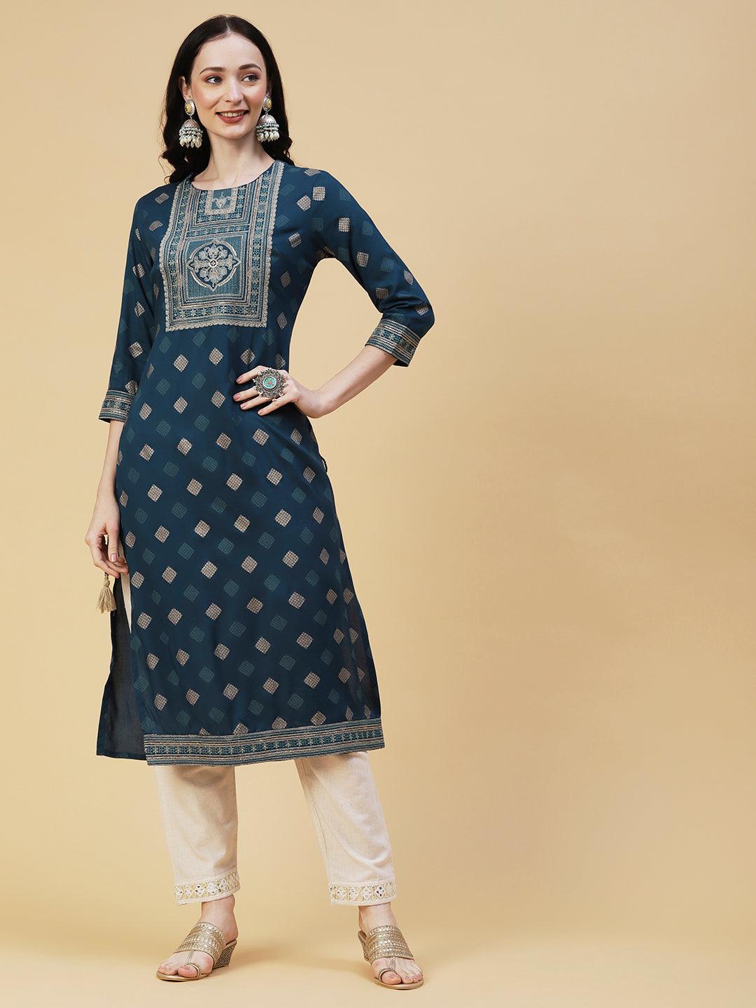 Barfi Printed Resham & Sequins Embroidered Tasseled Kurta - Dark Green - Indiakreations