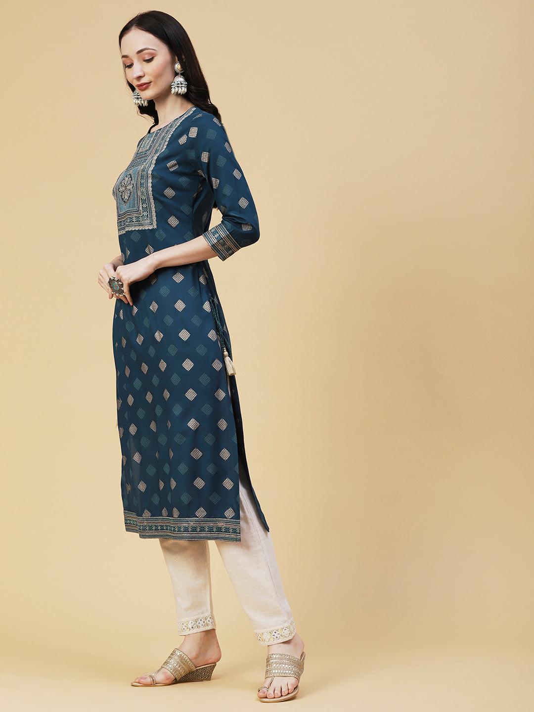 Barfi Printed Resham & Sequins Embroidered Tasseled Kurta - Dark Green - Indiakreations