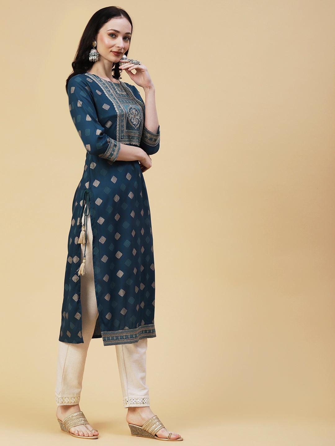 Barfi Printed Resham & Sequins Embroidered Tasseled Kurta - Dark Green - Indiakreations