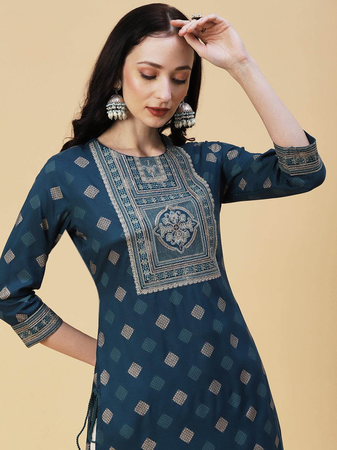 Barfi Printed Resham & Sequins Embroidered Tasseled Kurta - Dark Green - Indiakreations