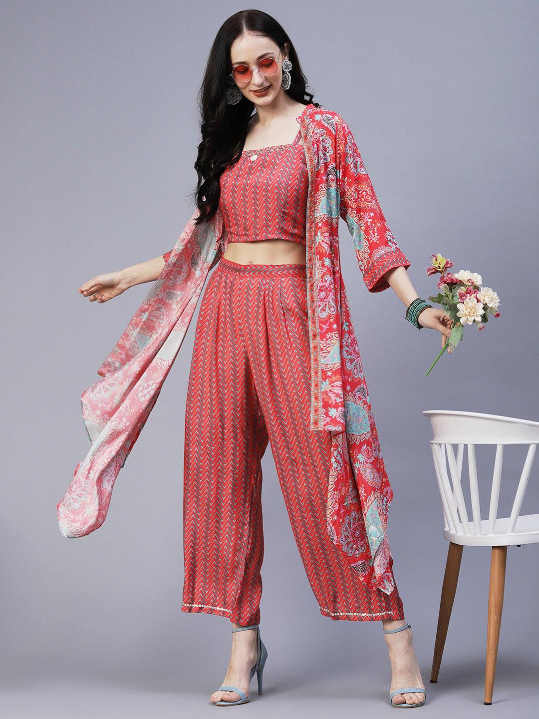 Chevron Printed Resham Embroidered Crop Top With Palazzo & Floral Angular Cut Jacket - Coral - Indiakreations