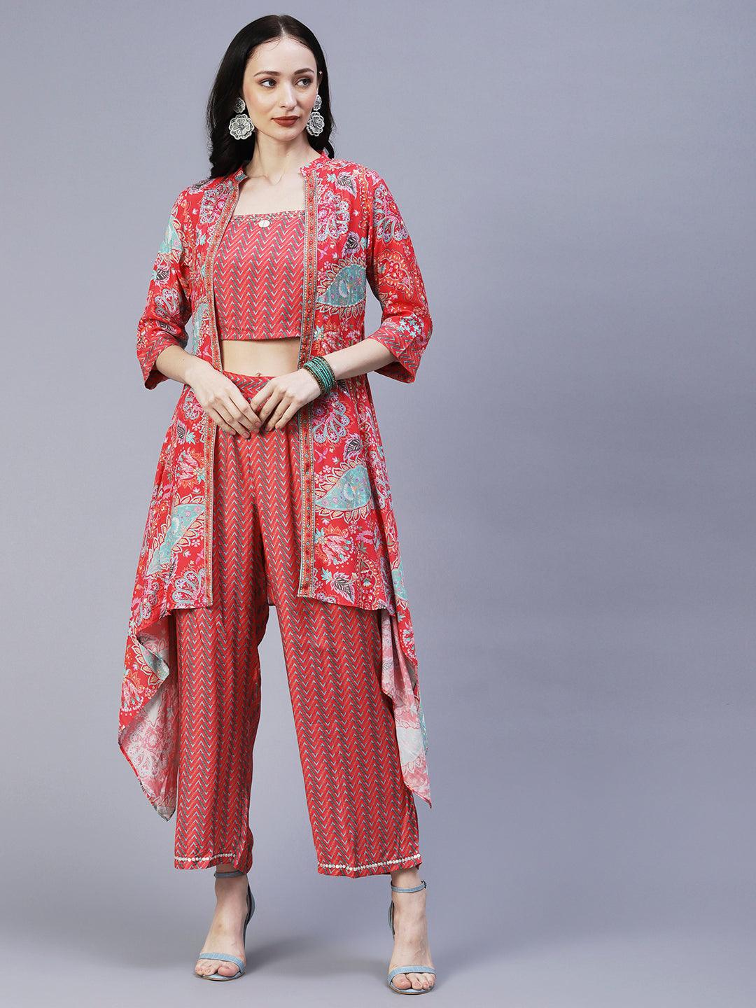 Chevron Printed Resham Embroidered Crop Top With Palazzo & Floral Angular Cut Jacket - Coral - Indiakreations