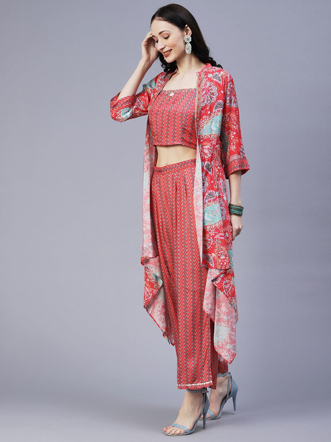 Chevron Printed Resham Embroidered Crop Top With Palazzo & Floral Angular Cut Jacket - Coral - Indiakreations