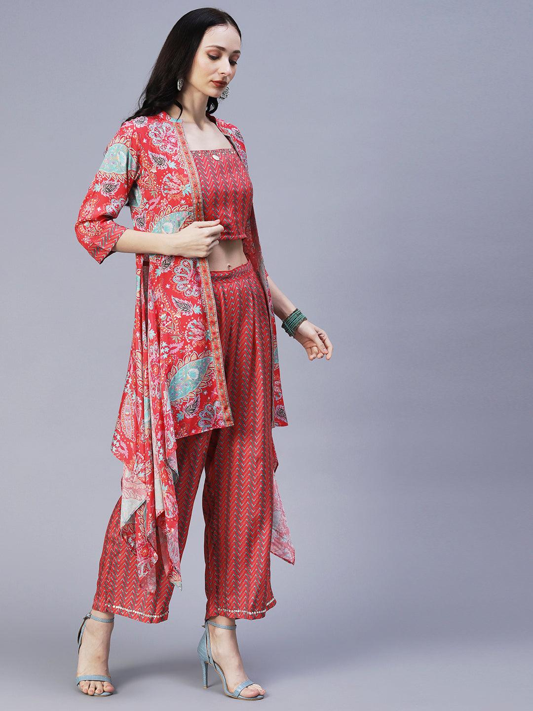 Chevron Printed Resham Embroidered Crop Top With Palazzo & Floral Angular Cut Jacket - Coral - Indiakreations