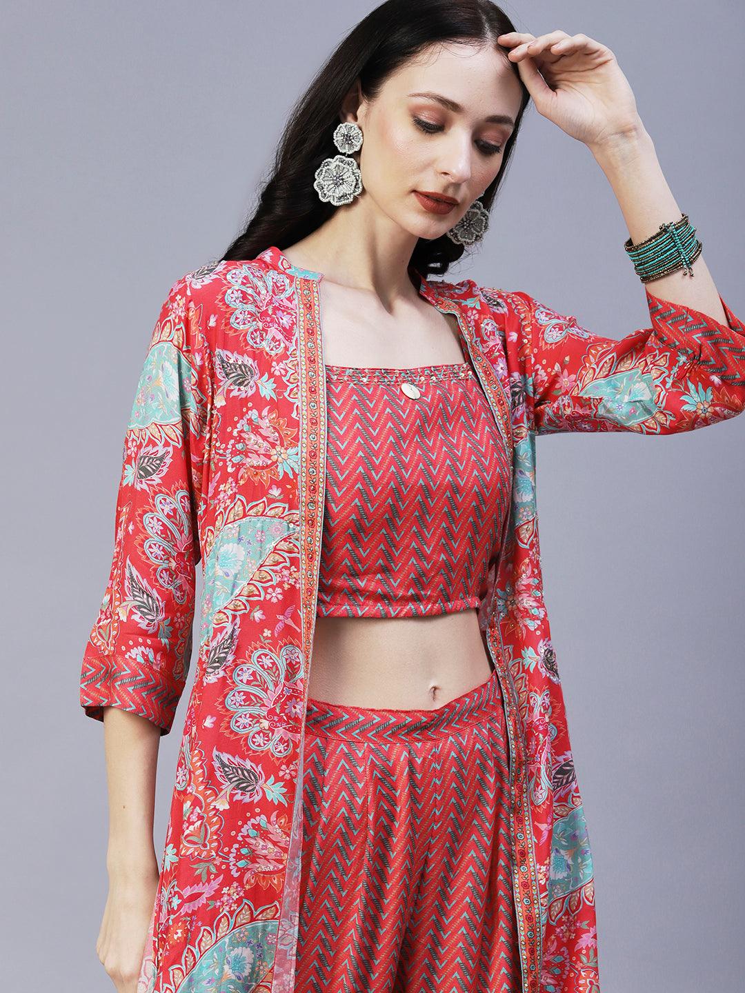 Chevron Printed Resham Embroidered Crop Top With Palazzo & Floral Angular Cut Jacket - Coral - Indiakreations