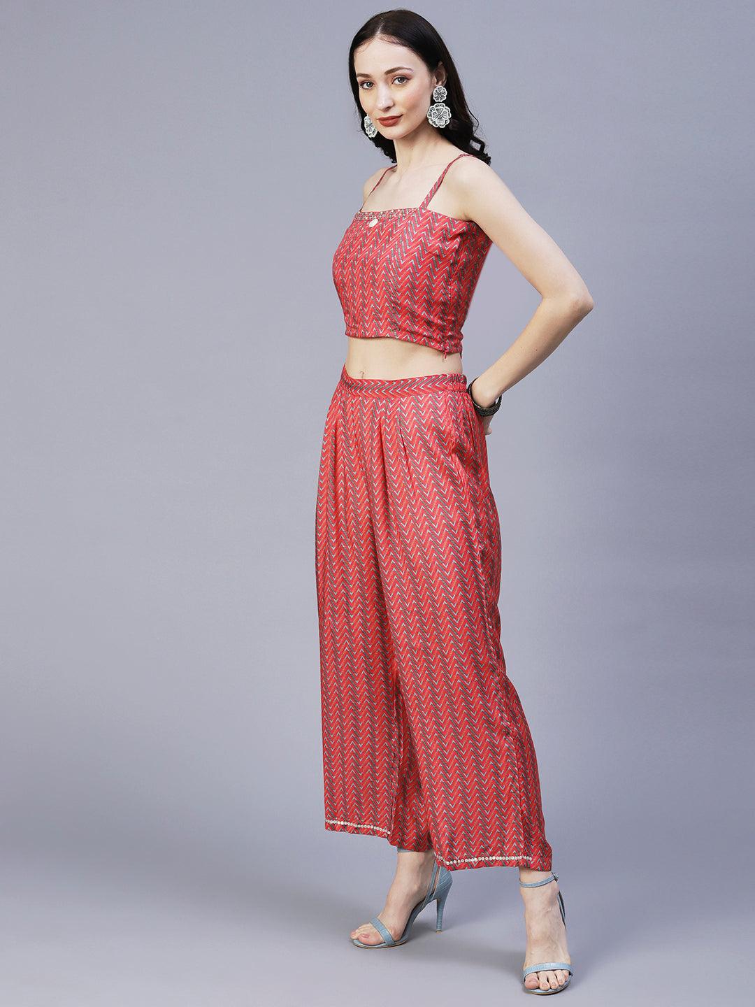 Chevron Printed Resham Embroidered Crop Top With Palazzo & Floral Angular Cut Jacket - Coral - Indiakreations