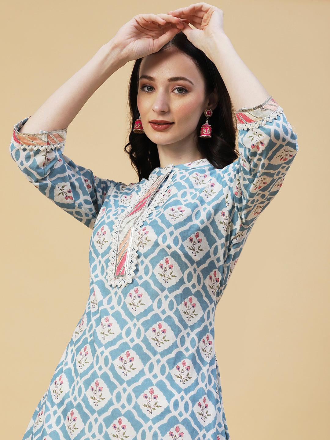 Ethnic Floral Printed Pakistani Style A-Line Kurta with Pant - Blue - Indiakreations