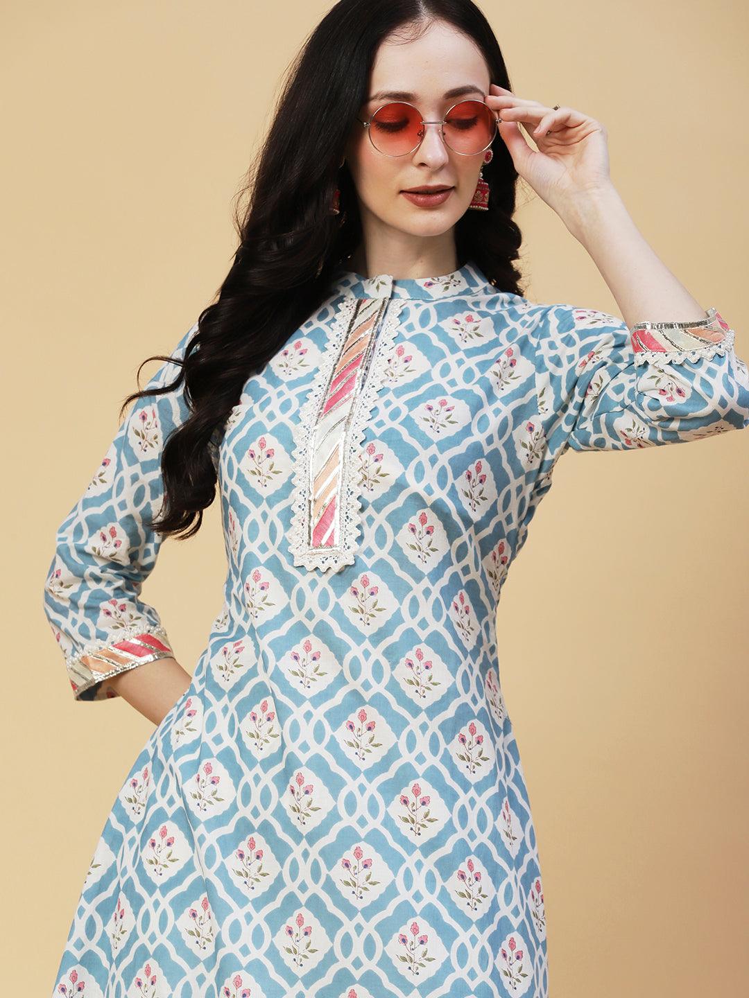 Ethnic Floral Printed Pakistani Style A-Line Kurta with Pant - Blue - Indiakreations